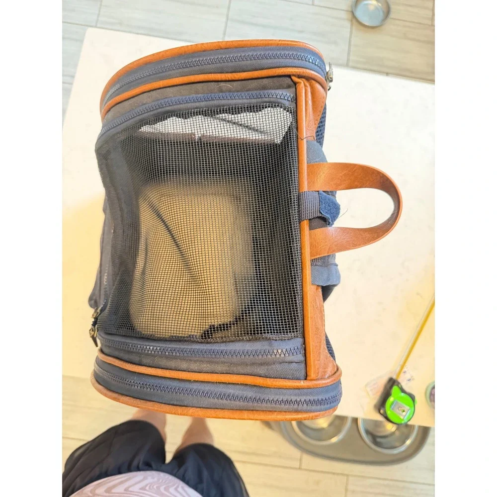 Pet Carrier Backpack Navy Canvas Faux Leather Trim Small Dog Cat Travel Bag